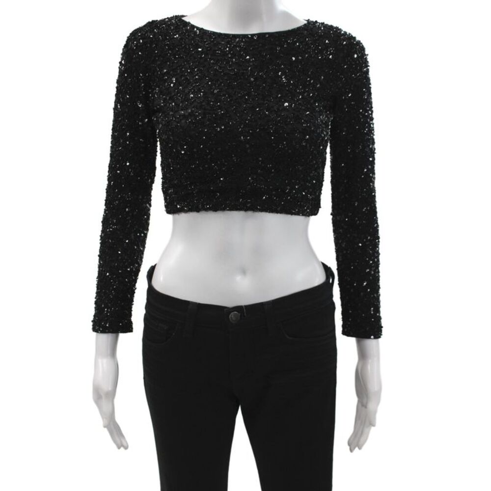 Alice + Olivia Women Cropped Black Long Sleeve Zip Round Neck Top Size 0